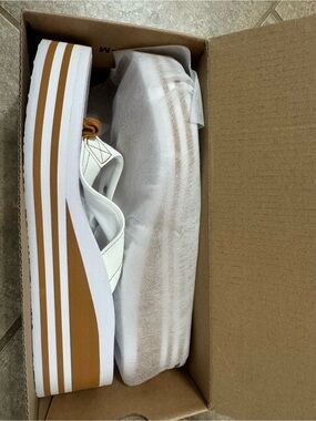 White Platform Slide Sandals with Tan Striped Sole